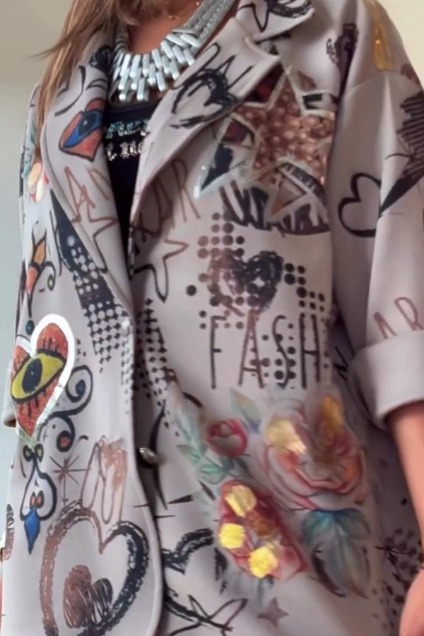 Women Casual Graffiti Pattern Suit + Pants Suit