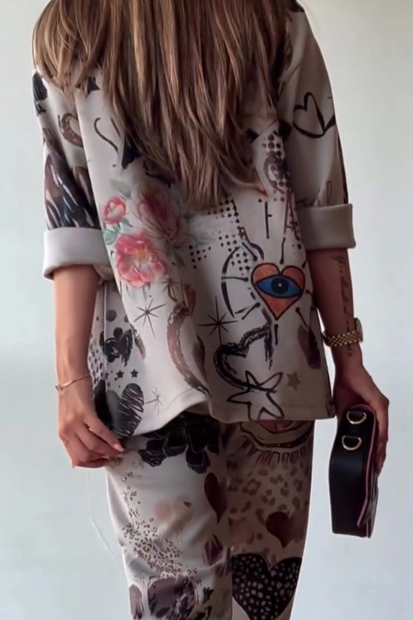 Women Casual Graffiti Pattern Suit + Pants Suit