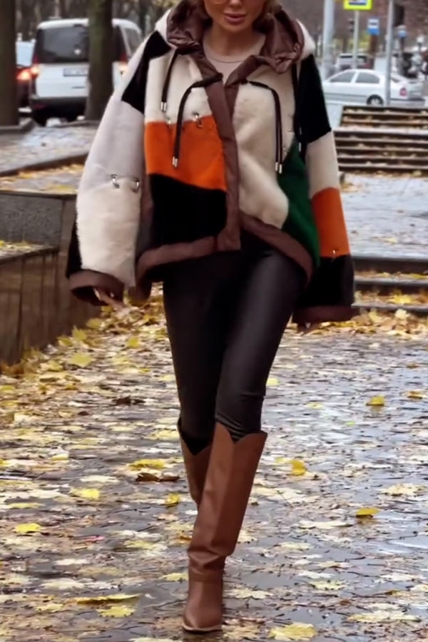 Women Casual Irregular Color Block Hooded Plush Jacket