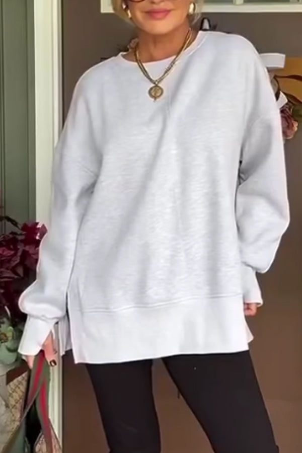 Women Casual Solid Color Side-Slit Sleeve Cozy Sweatshirt