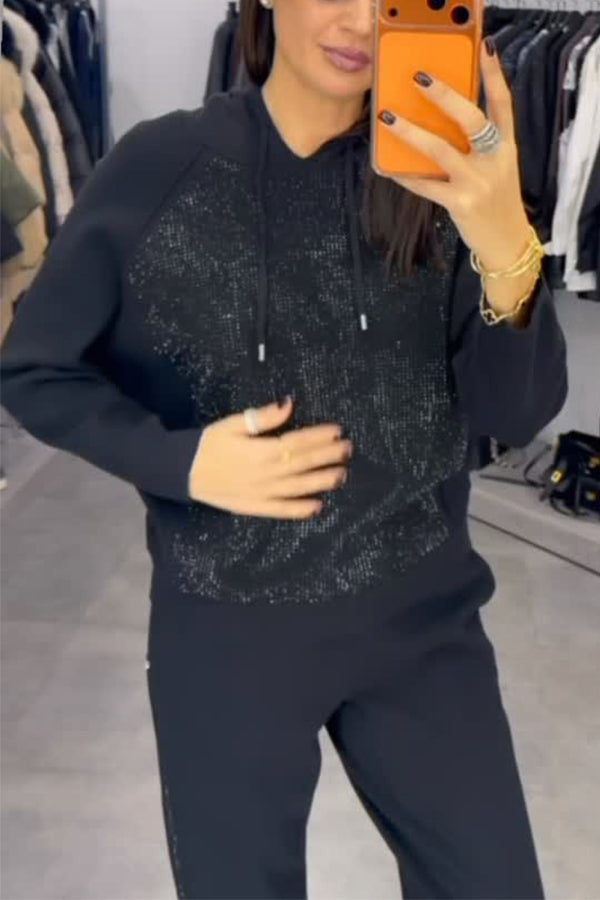 Women Casual Hooded Drawstring Shimmer Patchwork Sweatshirt + Jogger Pants Suit