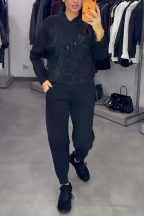 Women Casual Hooded Drawstring Shimmer Patchwork Sweatshirt + Jogger Pants Suit