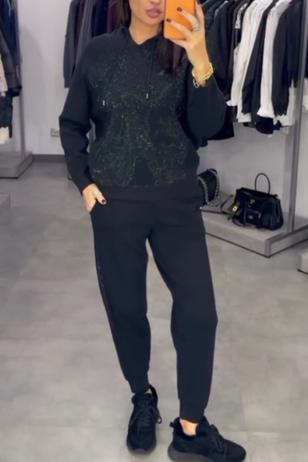 Women Casual Hooded Drawstring Shimmer Patchwork Sweatshirt + Jogger Pants Suit