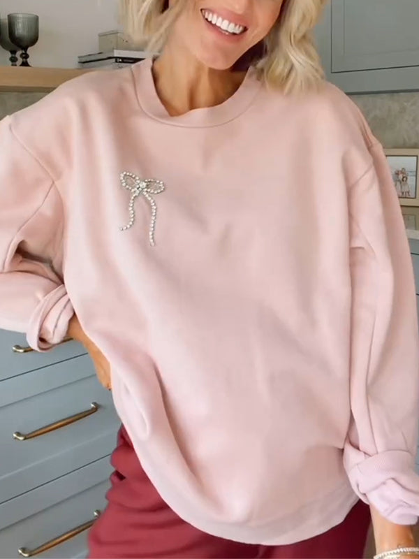 Women Round Neck Bow Tie Rhinestone Print Casual Sweatshirt