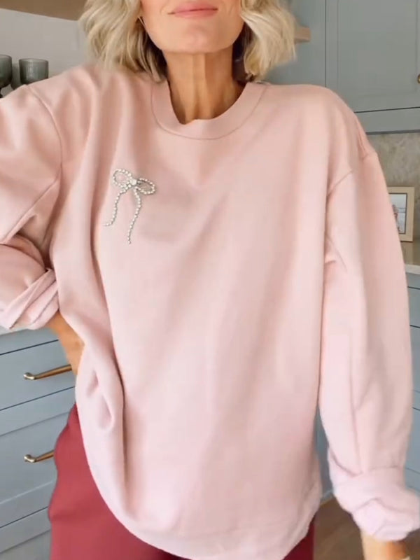 Women Round Neck Bow Tie Rhinestone Print Casual Sweatshirt