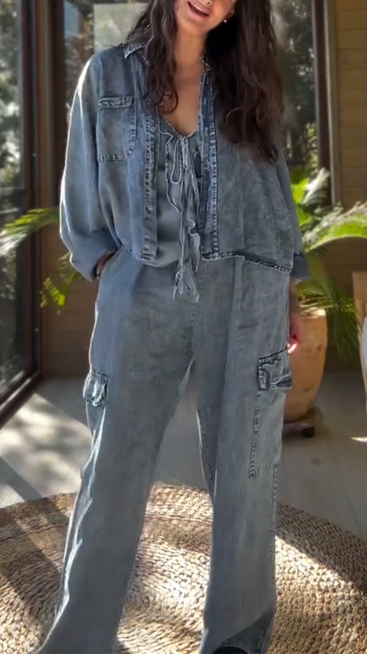 Women Collared Casual Denim Three-Piece Set