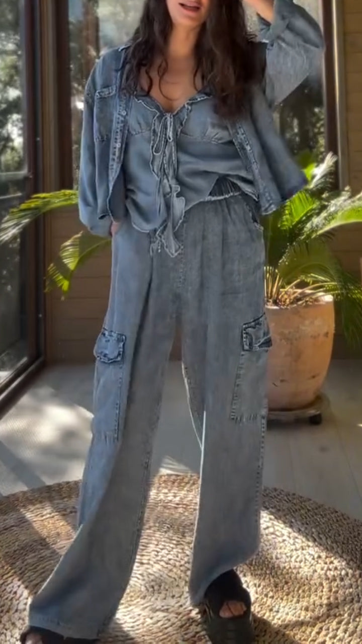 Women Collared Casual Denim Three-Piece Set