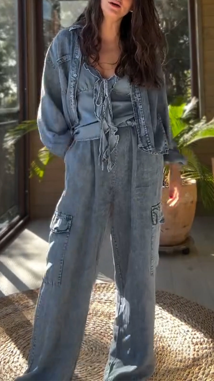 Women Collared Casual Denim Three-Piece Set