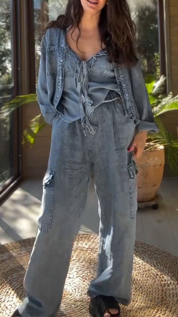 Women Collared Casual Denim Three-Piece Set