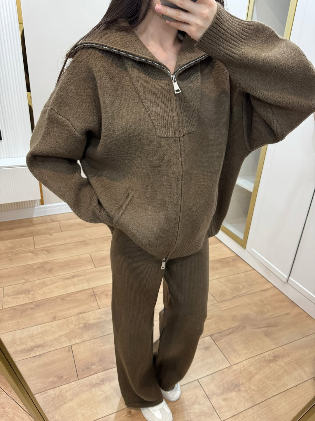 Women Collared Zipper Jacket + Pants Casual Set