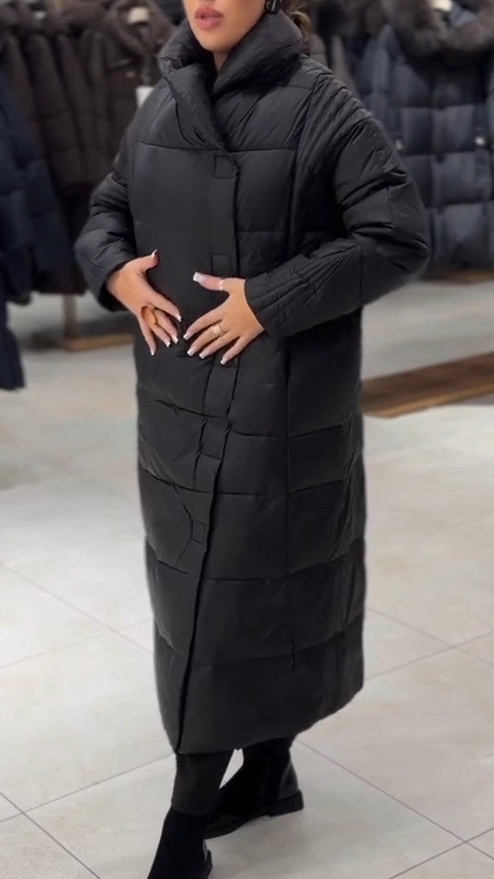 Women Stand Collar Solid Color Casual Long Cotton-padded Coat