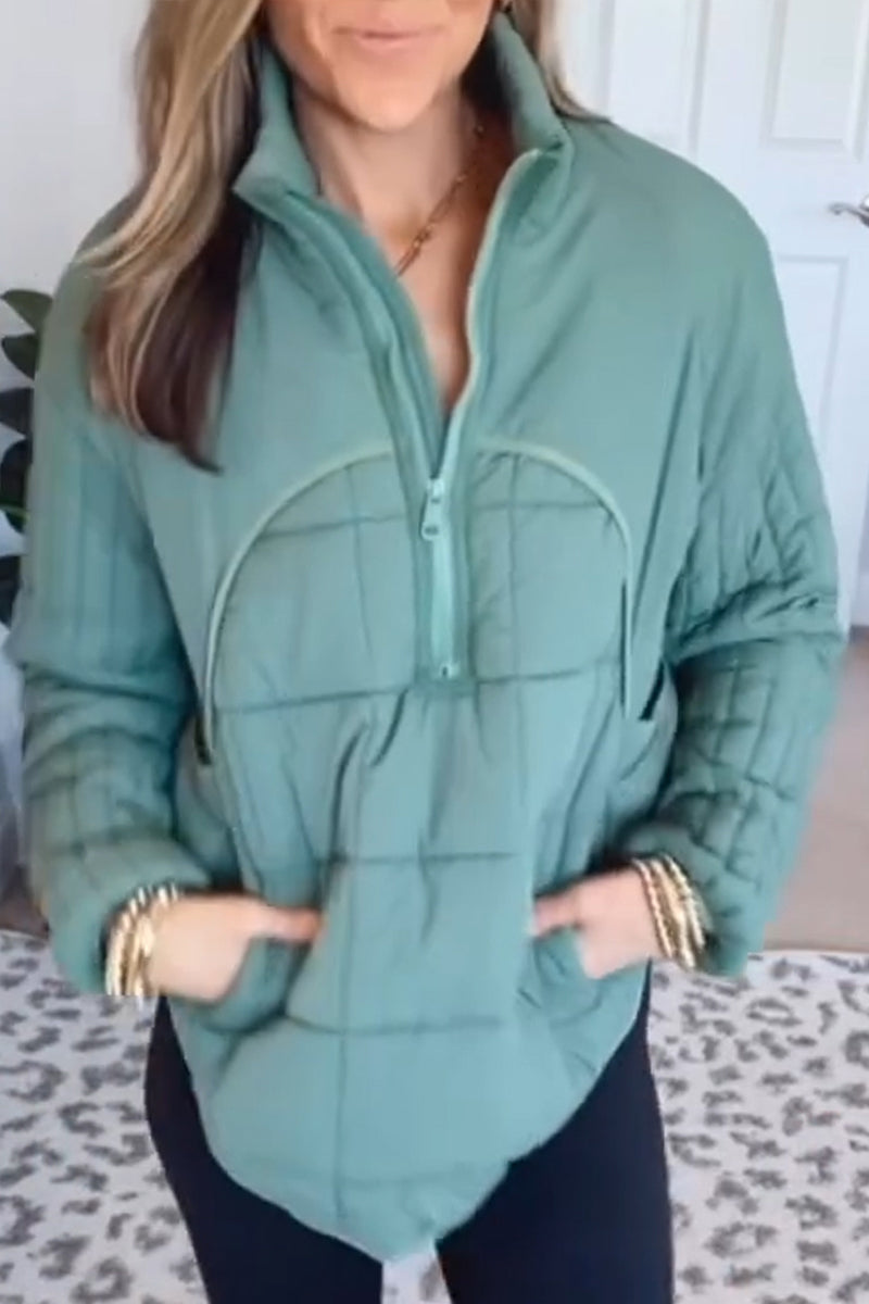 Women Stand-up Collar Half-zip Solid Color Casual Cotton-padded Jacket