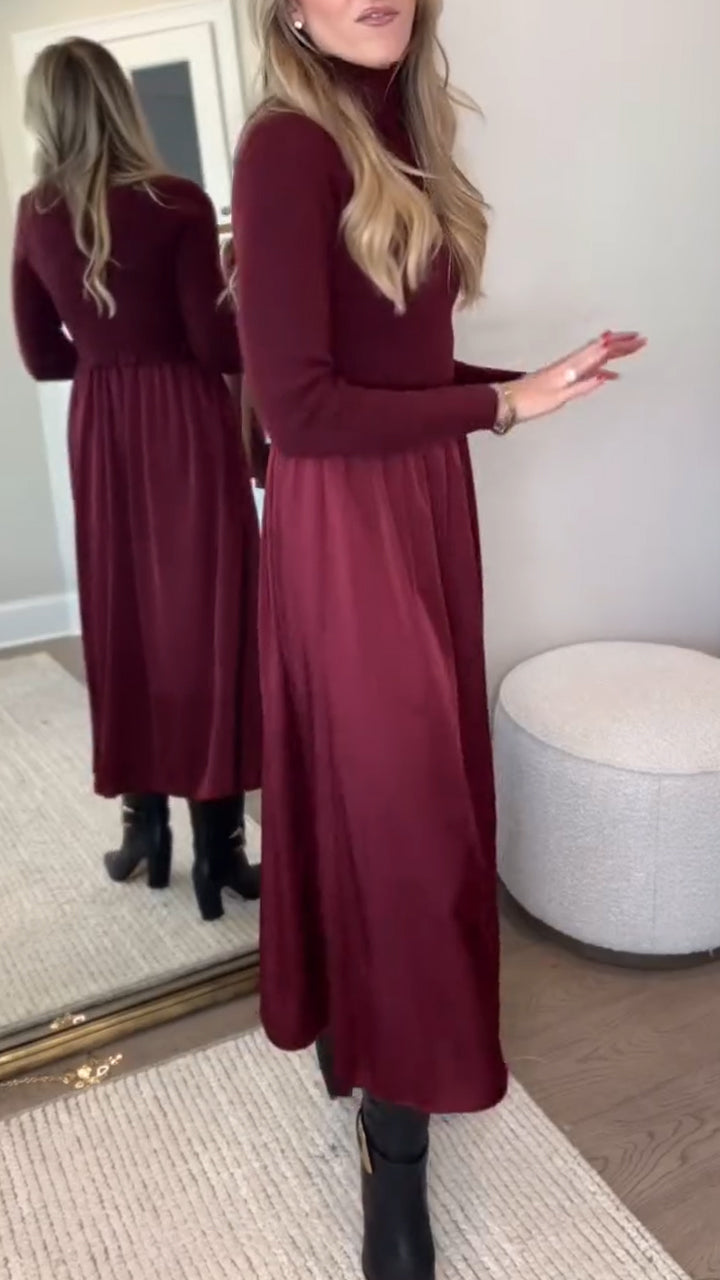 Ladies High Neck Knitted Patchwork Elegant Casual Dress