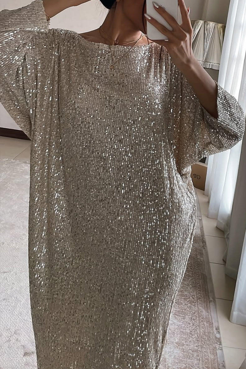 Ladies Round Neck Sequin Sparkling Elegant Temperament Dinner Party Casual Dress