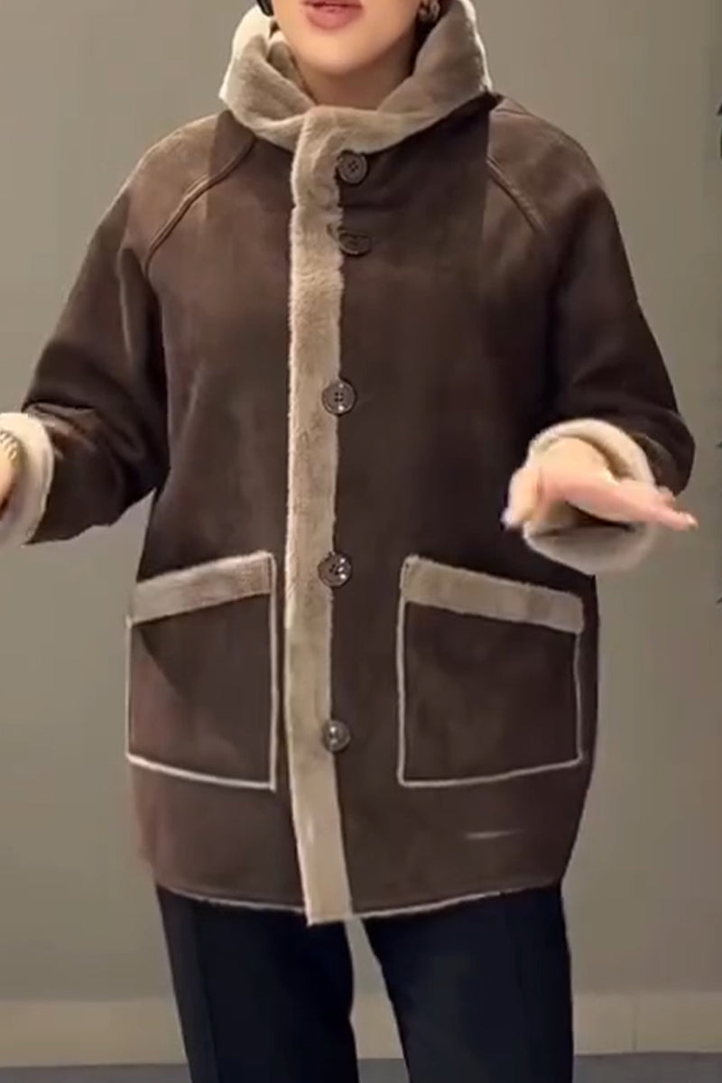 Women Round Neck Reversible Casual Plush Jacket