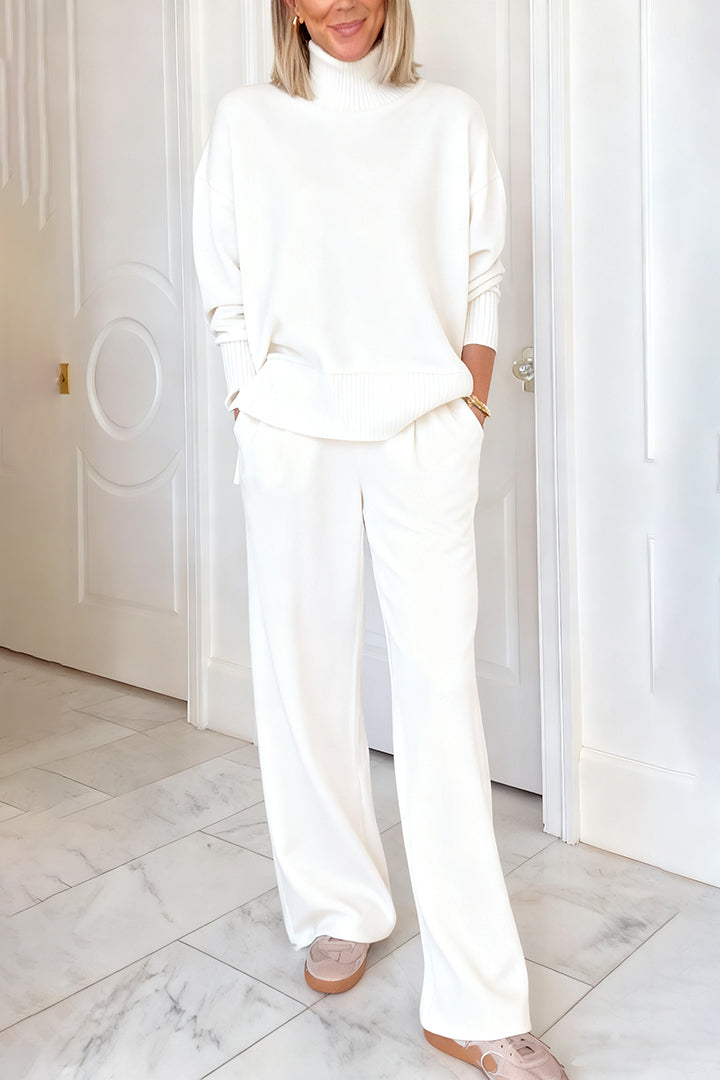 Women High-neck Stitching Knitted Side Zipper Top + Pants Casual Suit