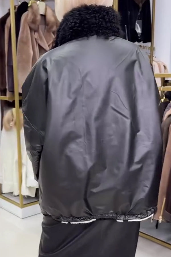 Women Casual Plush Drawstring Letter Pattern Reversible Fleece Jacket