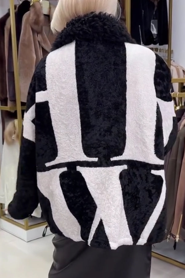 Women Casual Plush Drawstring Letter Pattern Reversible Fleece Jacket