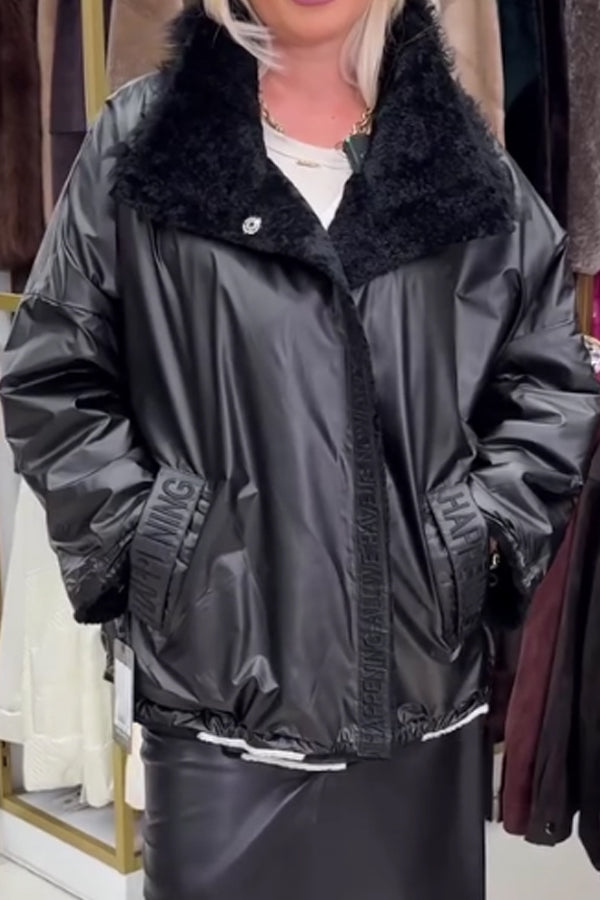 Women Casual Plush Drawstring Letter Pattern Reversible Fleece Jacket