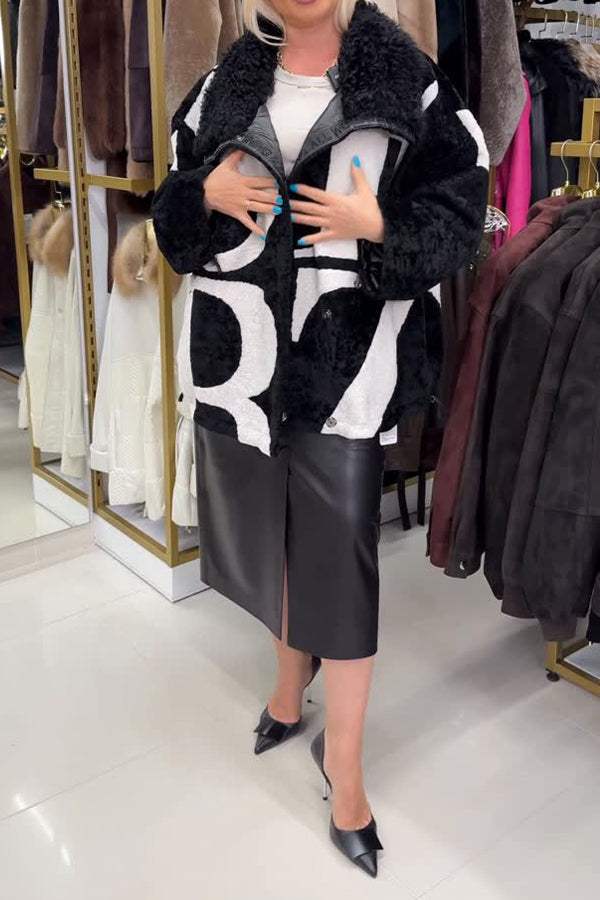 Women Casual Plush Drawstring Letter Pattern Reversible Fleece Jacket