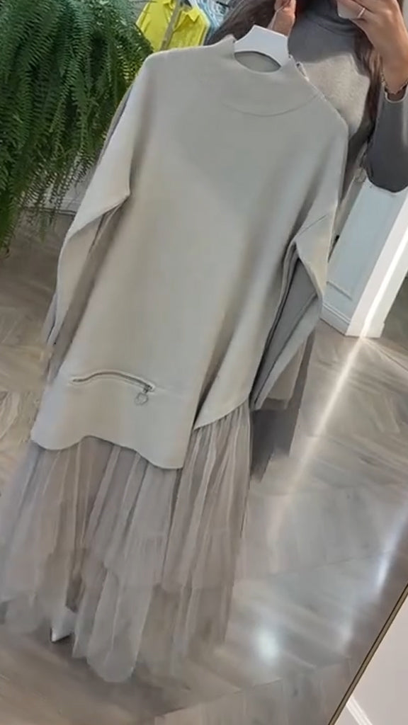 Women Round Neck Zippered Patchwork Mesh Casual Dress