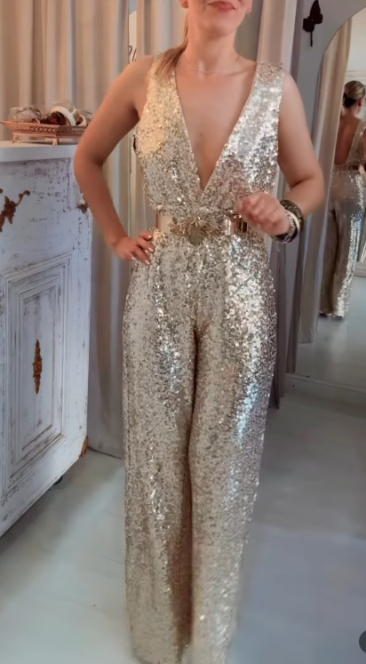 Ladies V-neck Sequin Sparkling Elegant Temperament Dinner Party Casual Jumpsuit
