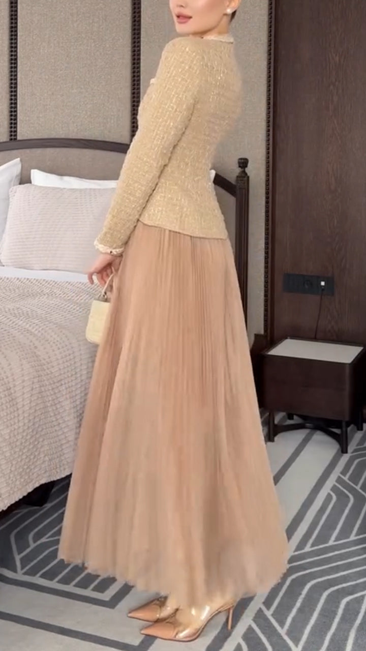 Women Round Neck Button-down Fitted Jacket + Pleated Mesh Skirt Elegant and Temperament Suit