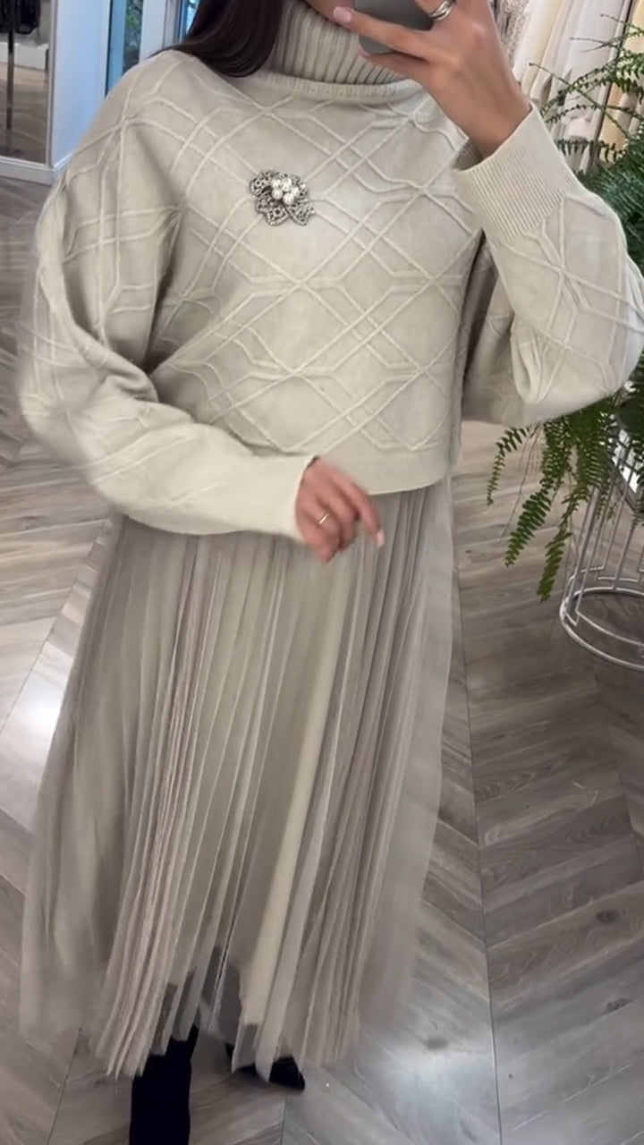 Ladies Wearing A Mesh Dress and A Turtleneck Sweater Leisure Suit