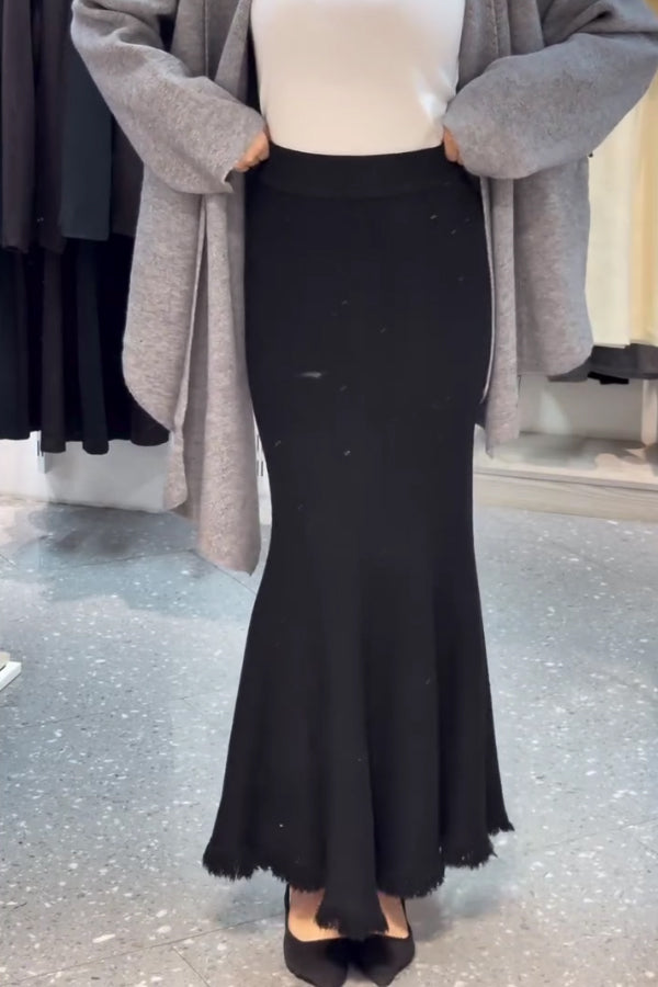 Women Casual Soft Knit Cardigan + Frayed Fishtail Skirt Suit