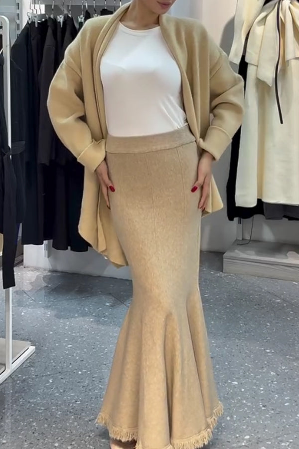 Women Casual Soft Knit Cardigan + Frayed Fishtail Skirt Suit