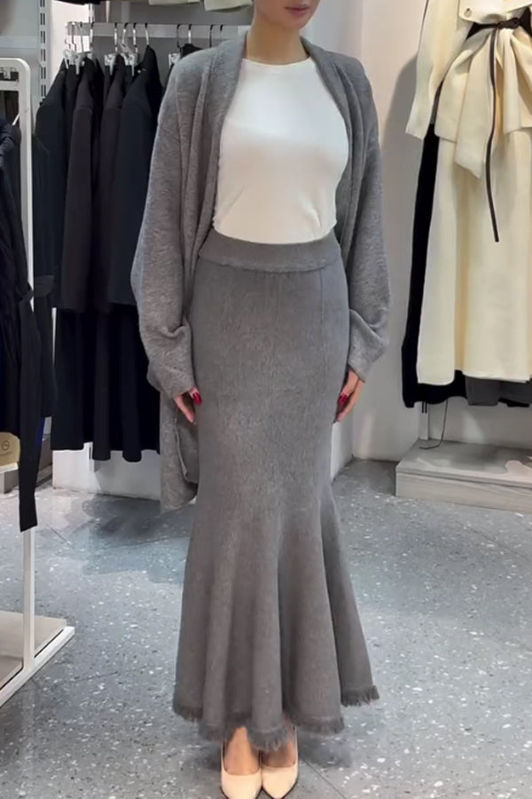 Women Casual Soft Knit Cardigan + Frayed Fishtail Skirt Suit