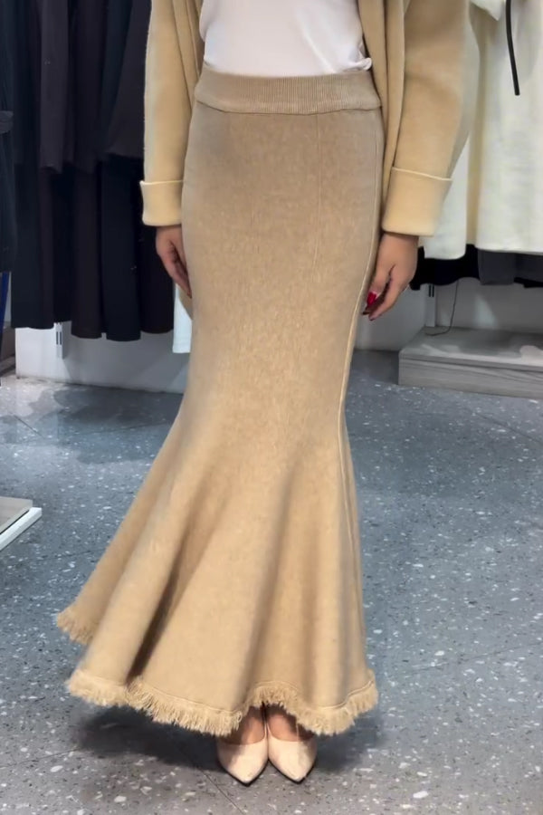 Women Casual Soft Knit Cardigan + Frayed Fishtail Skirt Suit