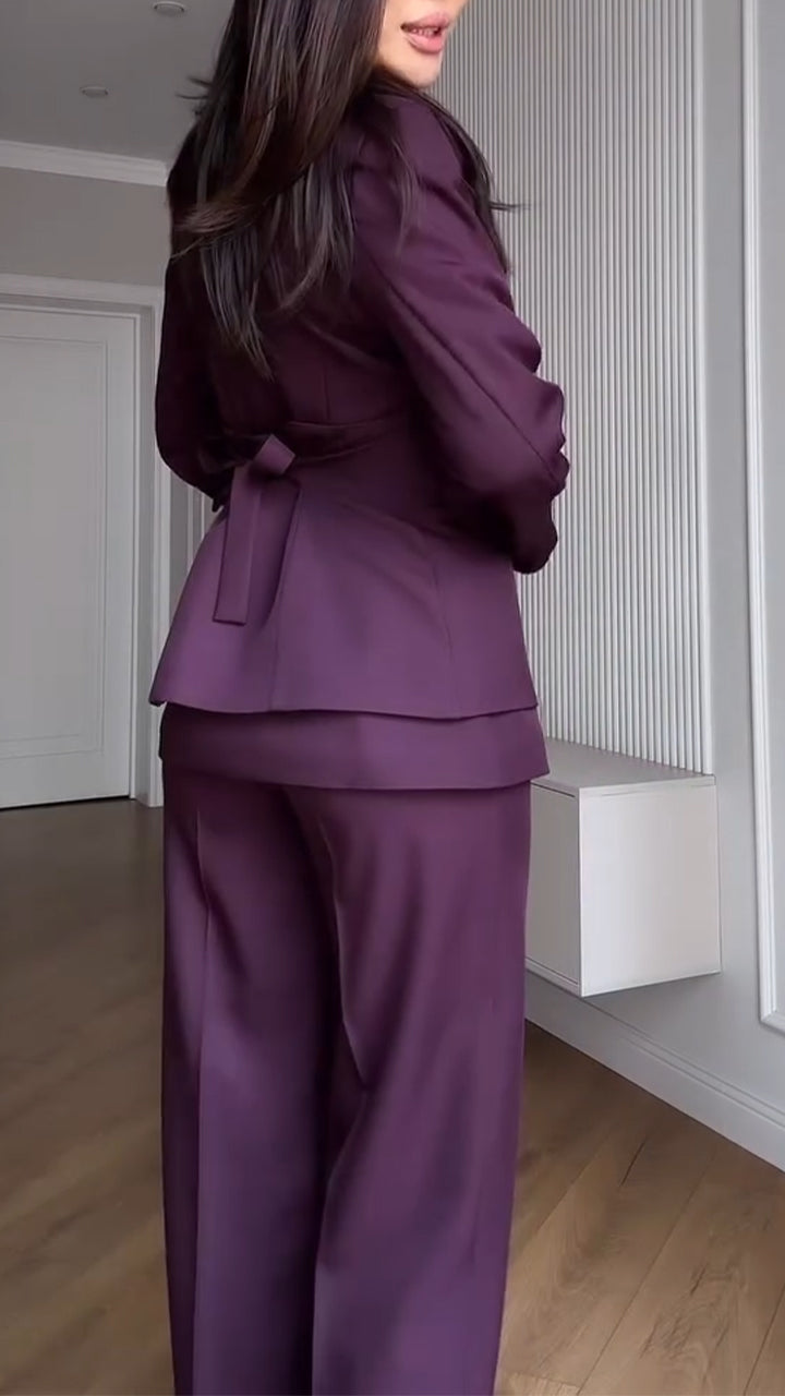 Women Collared Jacket and Belted Waist + Trousers Solid Color Temperament Commuter Suit