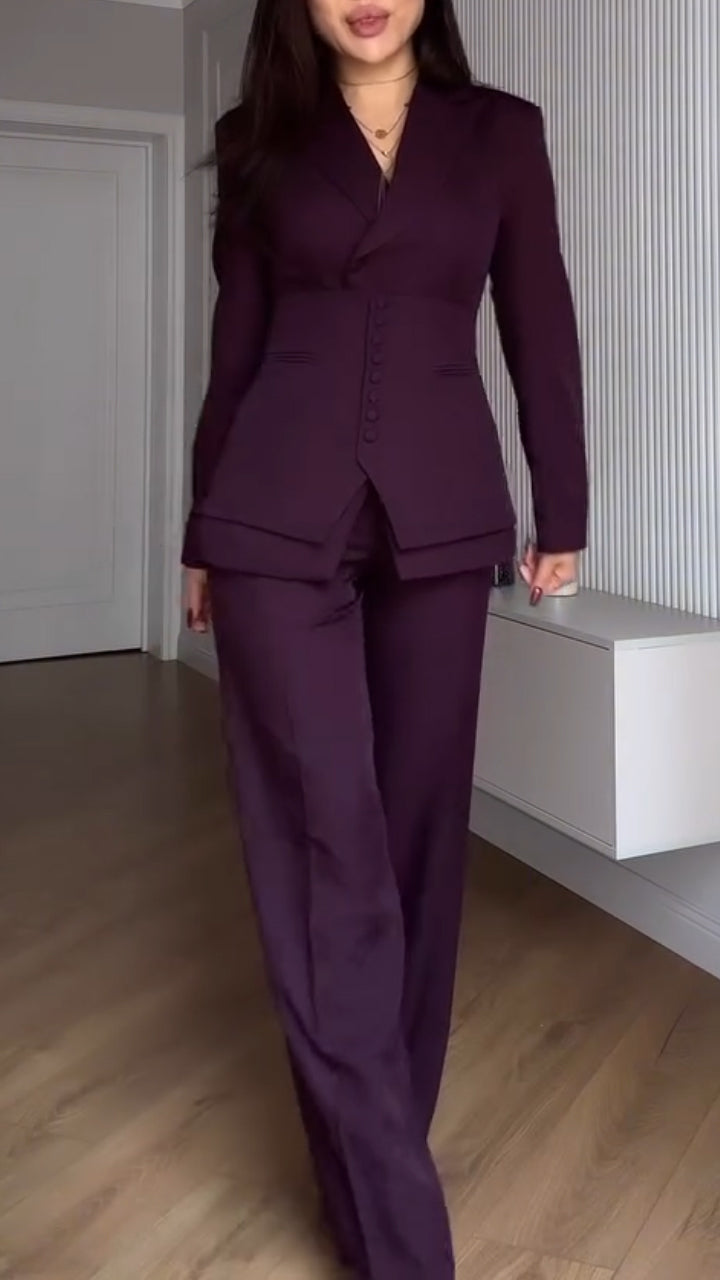 Women Collared Jacket and Belted Waist + Trousers Solid Color Temperament Commuter Suit