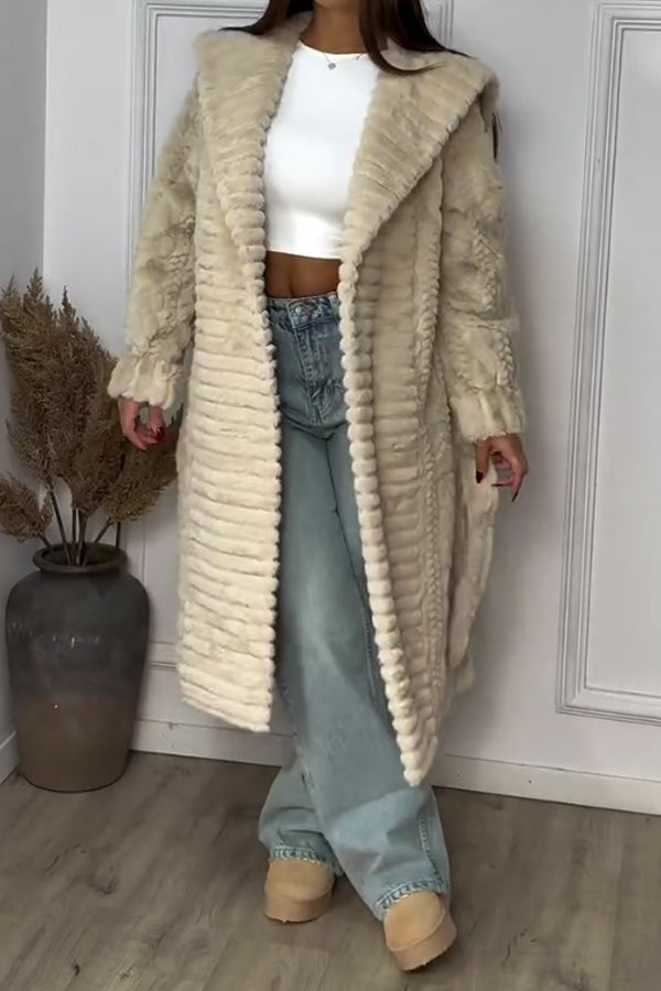 Women Casual Soft Textured Pattern Tie-up Plush Warm Coat