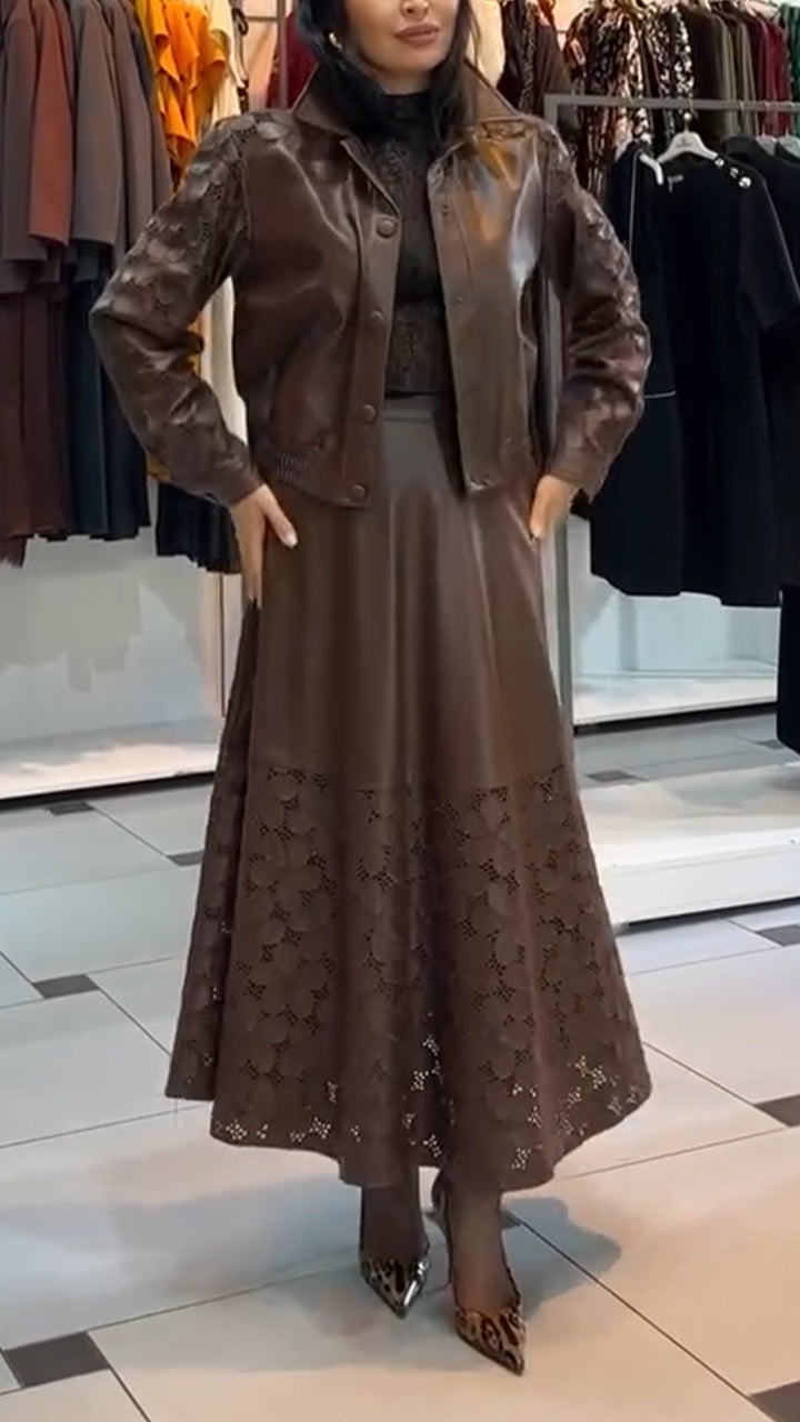 Women Lapel Leather Printed Hollow-Out Solid Color Casual Suit