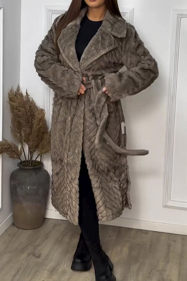 Women Casual Large Lapel Soft Textured Pattern Tie-Wrap Plush Warm Coat