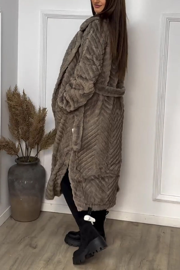 Women Casual Large Lapel Soft Textured Pattern Tie-Wrap Plush Warm Coat