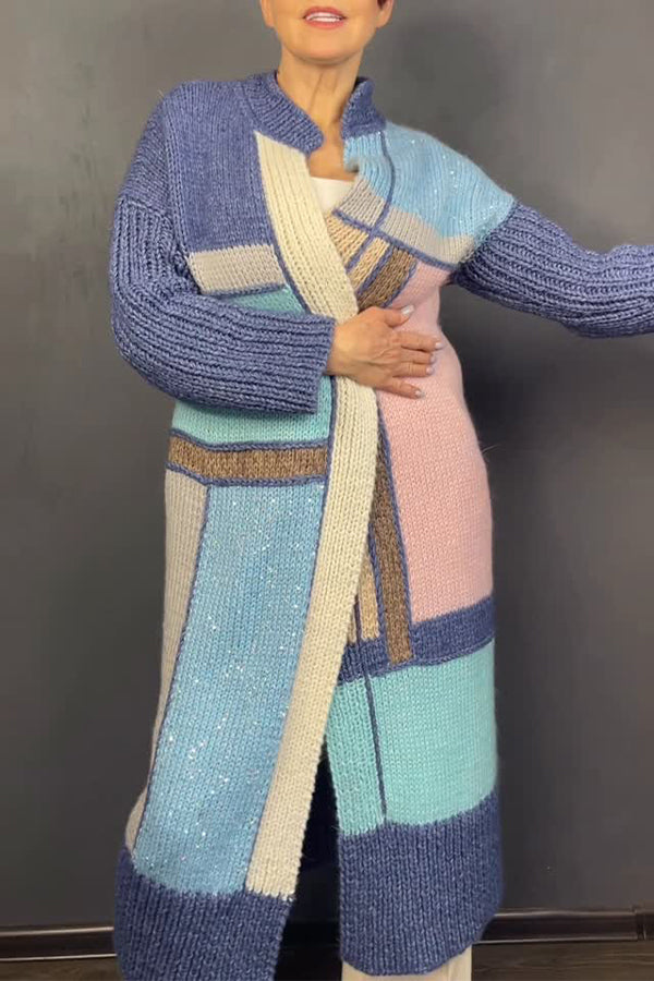 Women Casual Colorful Block Pattern Sequin Long Cardigan