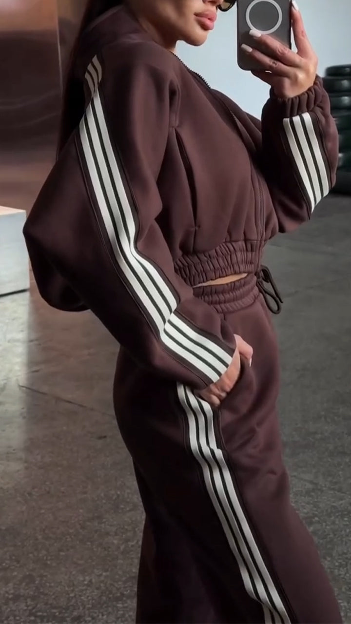 Women Stand-up Collar Striped Casual Suit