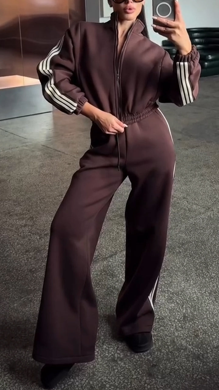 Women Stand-up Collar Striped Casual Suit