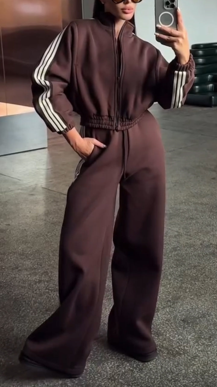 Women Stand-up Collar Striped Casual Suit