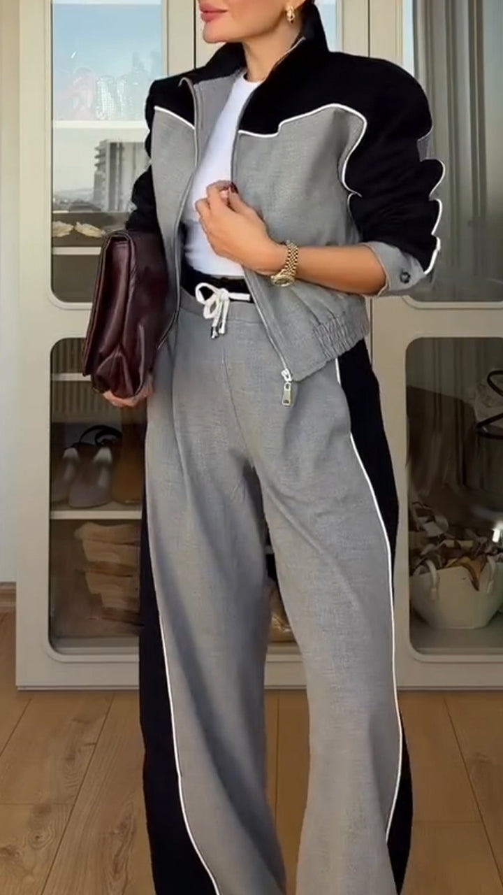 Ladies Collar Contrasting Color Jacket+ Pants Casual Set