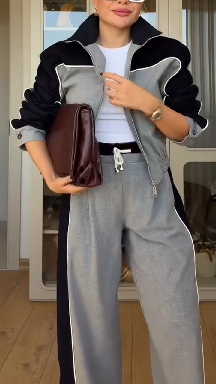 Ladies Collar Contrasting Color Jacket+ Pants Casual Set