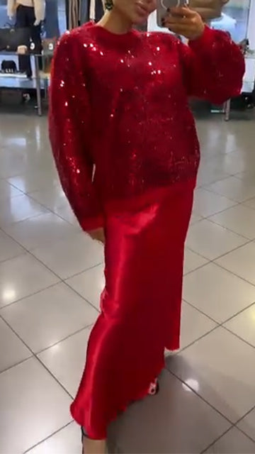 Women Round Neck Sequined Top + Skirt Festive and Eye-catching Casual Set