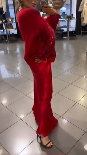 Women Round Neck Sequined Top + Skirt Festive and Eye-catching Casual Set