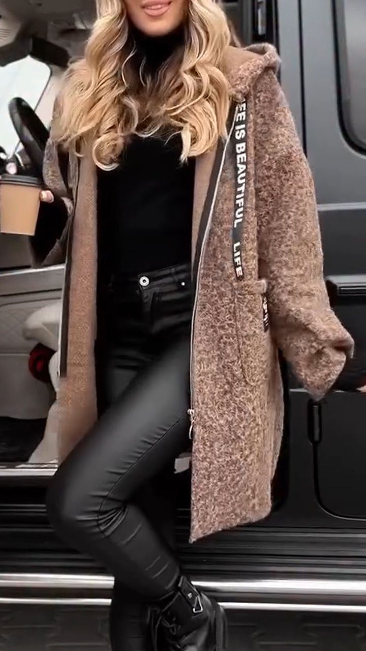 Women Hooded Drawstring Plush Casual Jacket