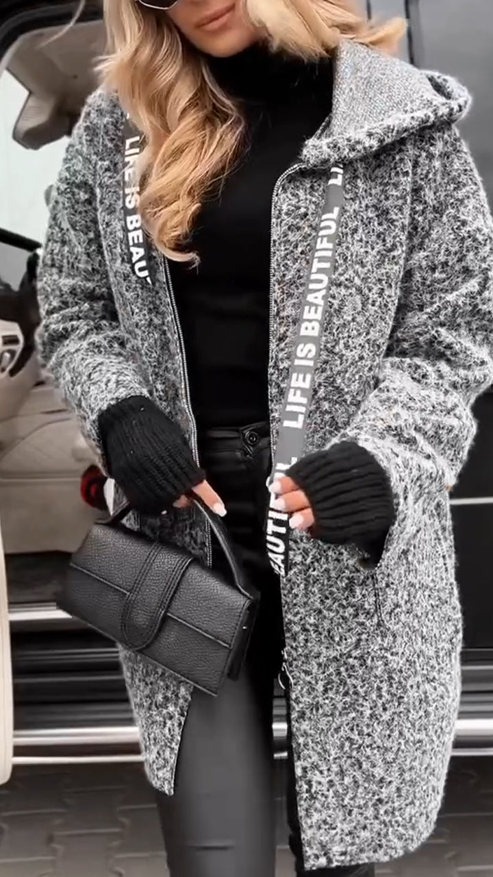 Women Hooded Drawstring Plush Casual Jacket