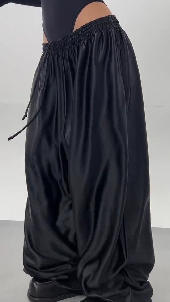 Women Drawstring Satin Casual Wide-leg Pants