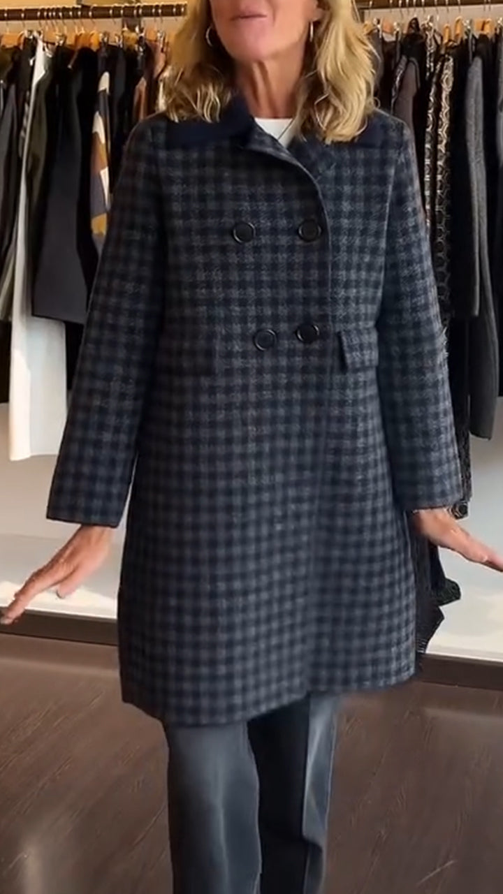 Women Lapel Plaid Double-Breasted Casual Coat